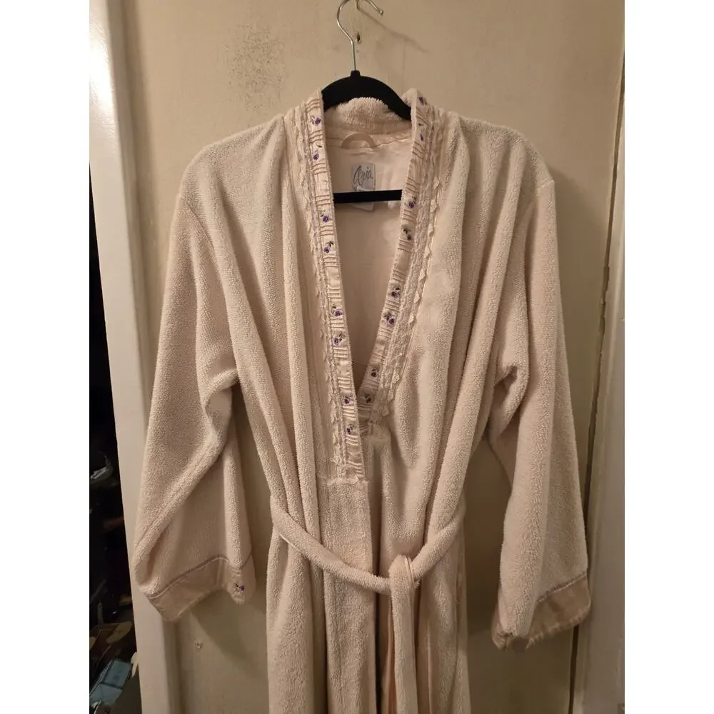 Aerie Floral Embroidered Terry Cloth Fleece Robe Purple Flower Detail M Granny